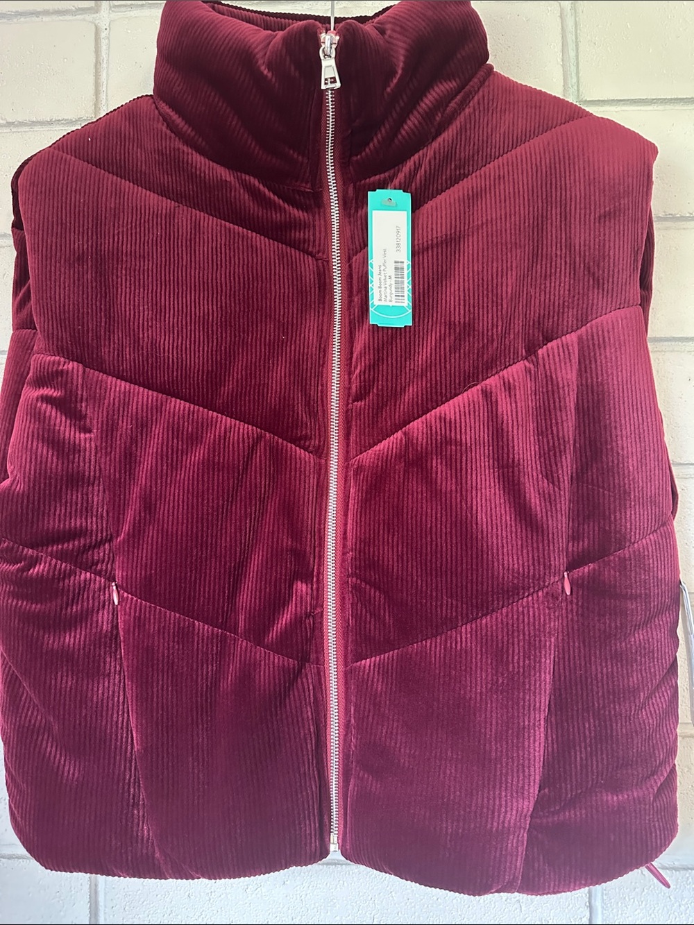 Corduroy Puffer Vest in Burgundy - Sleeveless Zip Front